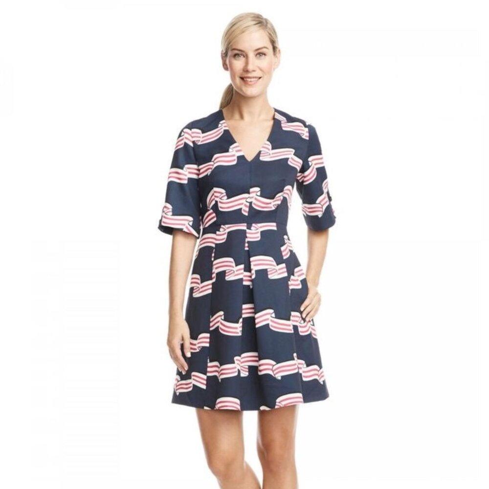 Draper James Navy Pink Ribbon Print Dress 0